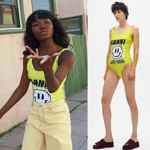GANNI 90s Neon Twist Strap Smiley Face Graphic Print 1 Piece Swimsuit Bodysuit 2 - Picture 1 of 17
